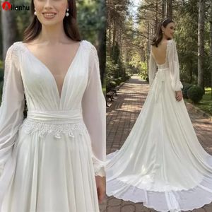 2022 Sexy Plage Boho Plus La Taille Une Ligne Robes De Mariée Robe De Mariée Avec Manches Longues Dos Nu Balayage Train Dentelle En Mousseline De Soie Vestidos De Novia 5s4