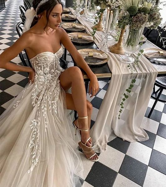 2022 Sexy plage robe De mariée pour mariée élégant Boho robes De mariée sans bretelles Sequin dentelle haute fendue princesse Vestido De Novia