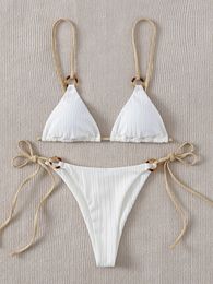 2022 sexy bikini set schattige witte effen ring linked spaghetti riem driehoek thong biquini badpak badmode vrouwen badpak