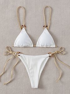 2022 Sexy Ensemble Bikini Mignon Blanc Uni Anneau Lié Spaghetti Sangle Triangle String Biquini Maillot De Bain Maillot De Bain Femme