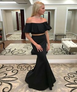 2022 Sexy zwart goedkope eenvoudige avond formele jurken lange boho van de schouder met korte mouwen satijn zeemeermin prom feestjurk G342616