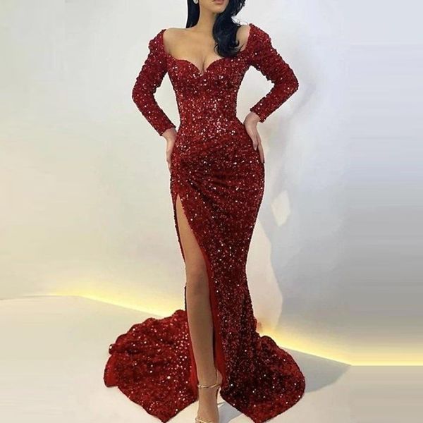 2022 Sexy Bling Noir Paillettes Dentelle Robes De Bal Chérie Sirène Manches Longues Haut Côté Split Paillettes Robe De Soirée Parti Pageant Formelle Robes Bourgogne Rouge Foncé