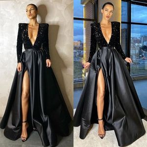 2022 Sexy Bling Black Split Side Avond Prom Dresses African Long Sheeves V Neck Ladet Top A Line Special Agond Agound Prom Gown