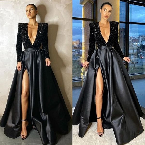 2022 Sexy Bling Noir Split Side Soirée Robes De Bal Africain Manches Longues Col En V Paillettes Top Une Ligne Occasion Spéciale Robe De Bal