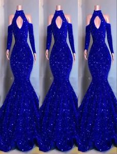 2022 Sexy Bling Royal Blue Paillettes Cristal Pageant Paillettes Robes De Bal Manches Longues Sirène Keyhole Robes De Soirée Élégant Off Sh9994732