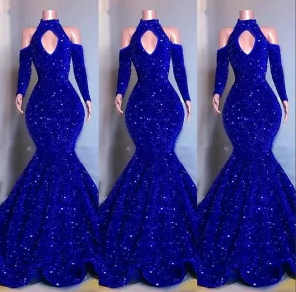 2022 Sexy Bling Royal Blue Lentejuelas Crystal Pageant Lentejuelas Vestidos de fiesta Mangas largas Sirena Keyhole Vestidos de noche Elegante Off Sh7953027