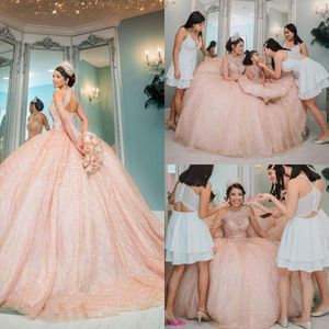 2022 Sexy Bling Sparkly Rose Gold Pink Sequined Lace Vestidos de quinceañera Cuello alto Crystal Beading Off Shoulder Ball Gown Vestidos De Dress Guest Corset Back