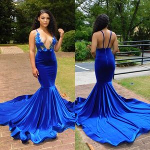 2022 Sexy charmante blauwe spaghetti-riemen v-hals kanten mermaid prom jurken backless avondjurken b0417q 291i