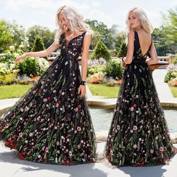 2022 Vestido de fiesta bordado sin mangas con escote en V profundo y abertura larga Vestido de noche sin espalda Falda con bordado floral Talla grande Alta calidad291N