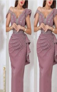 2022 Sexy Dusty Pink Arabische Dubai Prom Dresses Off Shoulder Silver Crystal kralen Kap Mouwen plus size feest avondjurken dragen SH6089868