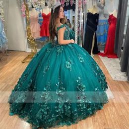 2022 Sexy Emerald Green Quinceanera Ball Jurk Dresses 3d Floral Flowers Lace Appliques Crystal Beads Floor Lengte Afneembare Kaapfeest Prom avondjurken