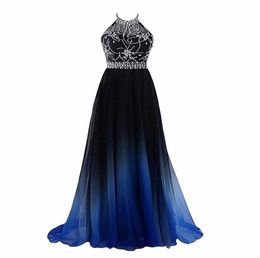 2022 Sexy Halter Gradient Prom -jurken met lange chiffon plus size ombre avondfeestjurken kralen formeel feestkleding jurk laceUp5856625