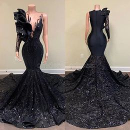 2023 Sexy lange elegante avondjurken Mermaid -stijl enkele lange mouw zwarte pailletten applique Afrikaans meisje gala prom feestjurk