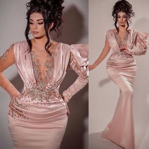 2022 Sexy zeemeermin roze avondjurken Arabische lange mouwen illusie kristallen kralen vloer lengte feest prom jurken speciale gelegenheid draagt 182L