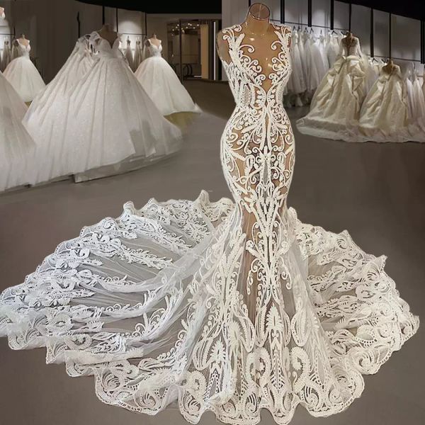 2022 robes de mariée sirène sexy robe de mariée en dentelle appliques sans manches illusion corsage bijou cou balayage train sur mesure robe de novia