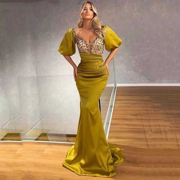 2022 Sexy Olive Off Épaule Illusion Sirène Robes De Soirée Porter Plus La Taille Arabe Cristal Perlé Robes De Bal Demi Manches Robe De Soirée Formelle BES121