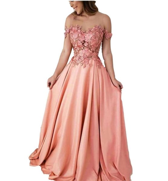 2022 Sexy Peach ALine longues robes de demoiselle d'honneur longueur de plancher fleur dentelle appliques cristal satin épaule robe de soirée vestido9281308