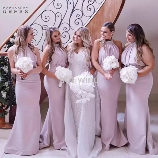 2022 Robes de demoiselle d'honneur rose sexy Halter perles sans manches sirène longue balayage train personnalisé mariage invité demoiselle d'honneur robes plus taille EE