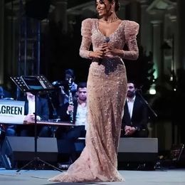2022 Sexy Pink Dubai Aso Ebi lentejuelas con cuentas vestidos de baile para árabe sin espalda cuello en V ilusión noche fiesta formal segunda recepción vestidos Vestidos De Noiva