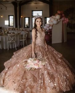 Sexy Rose Gold Bling Sparkly Full Lace Quinceanera Jurken Baljurk Sweetheart Crystal Beads Corset Back Ruches Tiered Sweet 16 Party Prom Avondjurken
