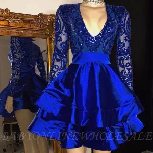 2022 Vestidos de cóctel cortos con lentejuelas de color azul real sexy Cuello en V Mangas largas Fiesta Vestido de fiesta Tallas grandes Ropa de club de noche formal con borlas BC3995