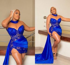 2022 Sexy Royal Blue Short Prom Dresses African Plus Size Sheer Long Sleeves Vestidos de noche Satin Sweep Train High Low Formal Party Dress F0427