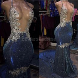 2022 Sexy Sparkle Crystal Mermaid Prom Dresses Real Image Backless Long Prom Jurken Halter Formele Feestjurk Op maat gemaakt