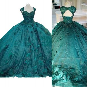 2022 Sexy Vintage Teal Vestidos de quinceañera Lentejuelas Encaje Hunter Green Cap Mangas Cuentas de cristal Flores hechas a mano Corsé Volver Dulce 16 Fiesta Vestido de fiesta Vestidos de noche