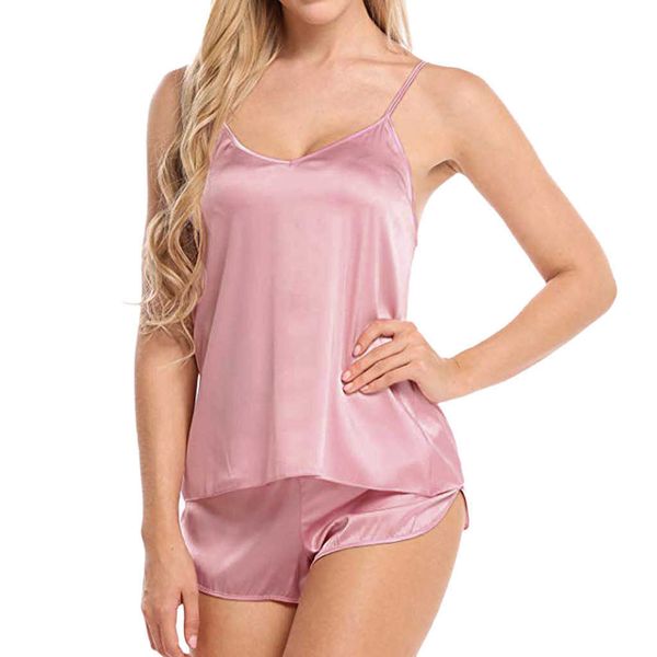 Pyjama Sexy en soie rose pour femmes, ensemble 2 pièces, vêtements de nuit confortables, bretelles spathetti, vêtements de maison, salon de sommeil, 2022