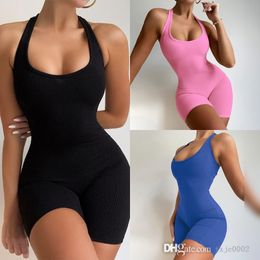 2022 Sexy Womens Jumpsuits Rib Gebreide Rompertjes Hoge Taille Tight Sports Yoga Broek Outfits Korte Bodysuits 6 Kleuren