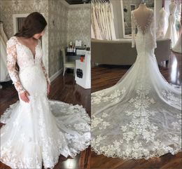 2022 pure manches longues sirène robe de mariée Bateau Sexy V profond dos ouvert dentelle florale appliques robes de mariée grande taille femmes