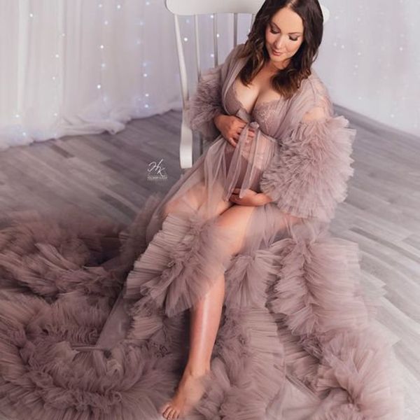 2022 pure robes de bal pour les femmes enceintes à volants à manches longues plis robes de maternité pour Photoshoot Party Wear