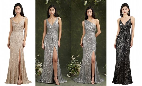 2022 Shinny Glitter Lentejuelas sirena vestidos de dama de honor sin espalda Split Long Evening Party Prom vestidos por encargo BM3111-3114