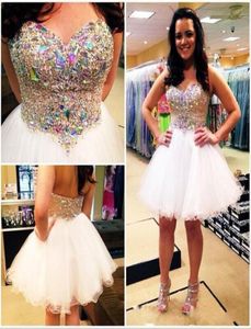 2022 Korte jurken voor prom Witte tule schattig voor meisjes kristallen jurken goedkope thuiskomst aangekleed optochtjurk1886738