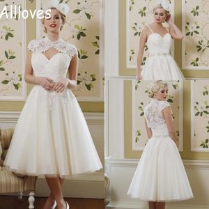 2022 Robes De Mariée Courtes Avec Veste Wrap Détachable Dentelle Appliqued Bretelles Spaghetti Plus La Taille Robes De MariéeThé Longueur Sans Manches Une Ligne Vestidos De Novia CL0145