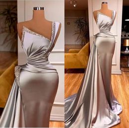 2022 argent robes De soirée avec cristal Satin une épaule sirène Robe De bal sur mesure volants formelle Robe De soirée