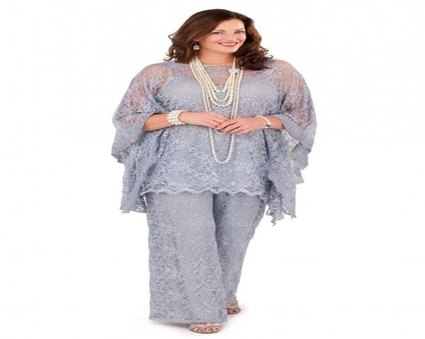 2022 Argent Dentelle Mère de la Mariée Pantalon Costumes Manches Longues Trois Pièces Formelle Plus Taille Gris Marié Mère Femmes Robes D'invité f2544603