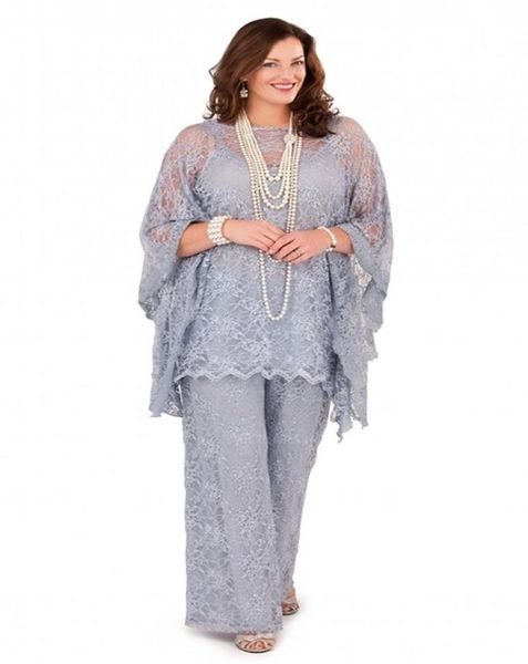 2022 Silver Lace Mère de la mariée Pantalon Costumes Manches longues Trois pièces Formelle Plus Taille Gris Marié Mère Femmes Robes d'invité f1183356