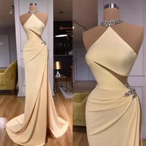 2022 Simple Elegant Halter Mermaid Mouwess Long Prom Dresses High Split Hollow Out Sexy Backless Avond Jurken BC14928