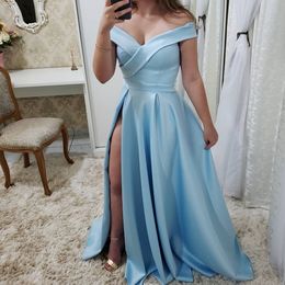 Robe de bal longue, Simple et élégante, bleu ciel clair, bon marché, épaules dénudées, froncée, fente haute, robes de soirée, 2022