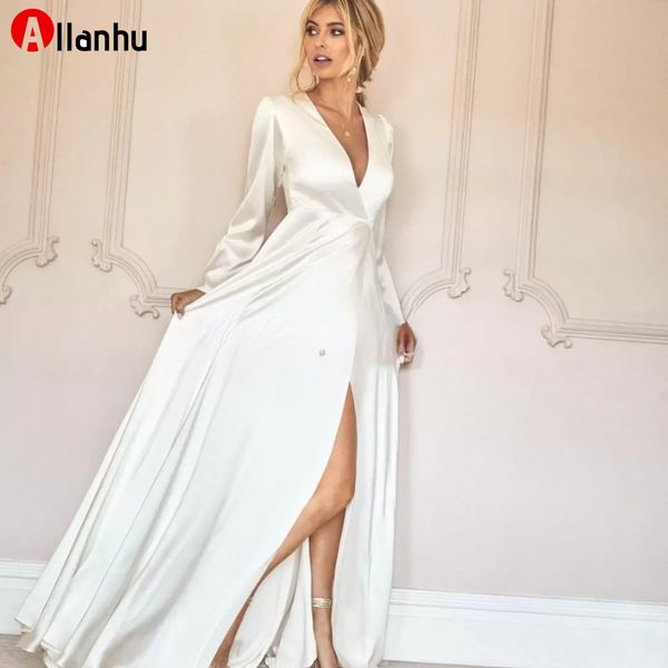 2022 Simple longue une ligne robe de mariée pour la mariée manches longues col en V robes de mariée Sexy fendu devant Vestidos De Novia longue Boho robes de plage DD