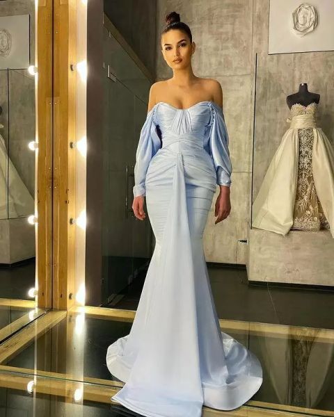 2022 Simple Sexy Baby Blue Dubai Arabe Aso Ebi Sirène Robes De Soirée Porter Plis Hors Épaule Manches Longues Robe De Bal Formelle Sur Mesure