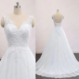 2022 Einfaches weißes Tüll-A-Linie-Boho-Hochzeitskleid mit Perlenapplikationen, Brautpartykleid, Sommer, Vestido de Novia, echtes Bild