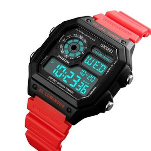 2022 SKMEI Moda Deporte al aire libre Reloj Hombres PU Correa Multifunción Relojes impermeables Alarma Masculino Reloj digital Reloj Hombre Relojes de pulsera Regalo