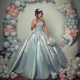 2022 Sky Blue Ball-jurk Quinceanera Jurken Kralen 3D Bloemen V-hals Formele Prom-jurken Zoete 16 Jurk Vestido de 15 Anos