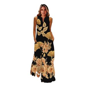 2022 Mouwloze zwarte jurk zomer strand casual elegante ademende lange jurken vrouw v nek rozenprint damesjurk