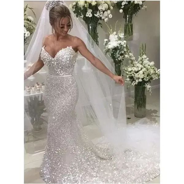 2022 Sparkle White Sequin Bustier Sexy Sirène Robes De Mariée 2020 Luxe Plus La Taille illusion Robe De Mariée Robes De Mariée Vestidos De Novia