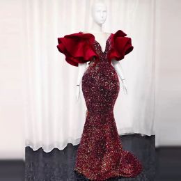 2022 Sprankelen ASO EBI Dark Rode Avondjurk Plus Size Ruches Puffy Sleeves V-hals Merma's Pailletten Dames Zuid-Afrika Prom Dresses CG001