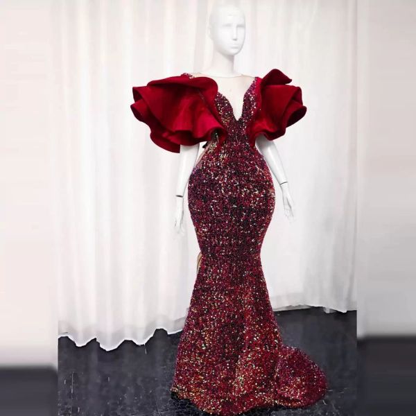 2022 Sparkling Aso Ebi Vestido de noche rojo oscuro Tallas grandes Volantes Mangas hinchadas Cuello en V Mermais Lentejuelas Mujeres Sudáfrica Vestidos de fiesta CG001