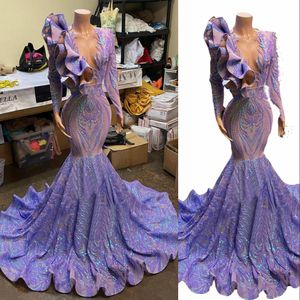 2023 Sparkling Prom Dresses Purple Lila Lentejuelas Mermaid Sexy V Neck Ruffles Party Gowns Manga larga Shiny lace Vestidos de noche Robe De Soiree Vestido Lavender